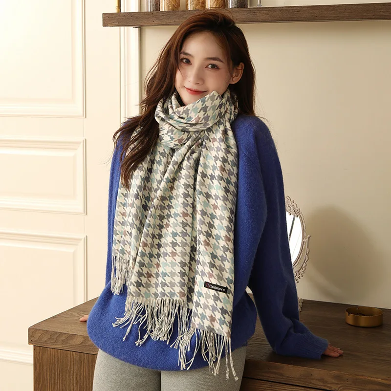 

Новинка 2022, женский шарф с рисунком «гусиные лапки», осенне-зимние хиджабы, тонкие женские шали с кисточками, кашемировые акриловые мусульманские шарфы, палантины