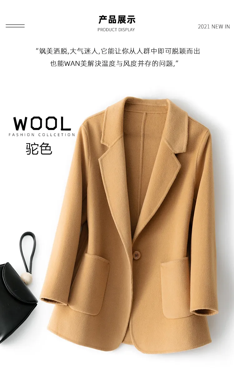 Neuer Damenmantel aus 100 % reiner Wolle mit Karomuster und Tweedst Fashion Camel-Damenmantel, eleganter Trenchcoat – Detail 11