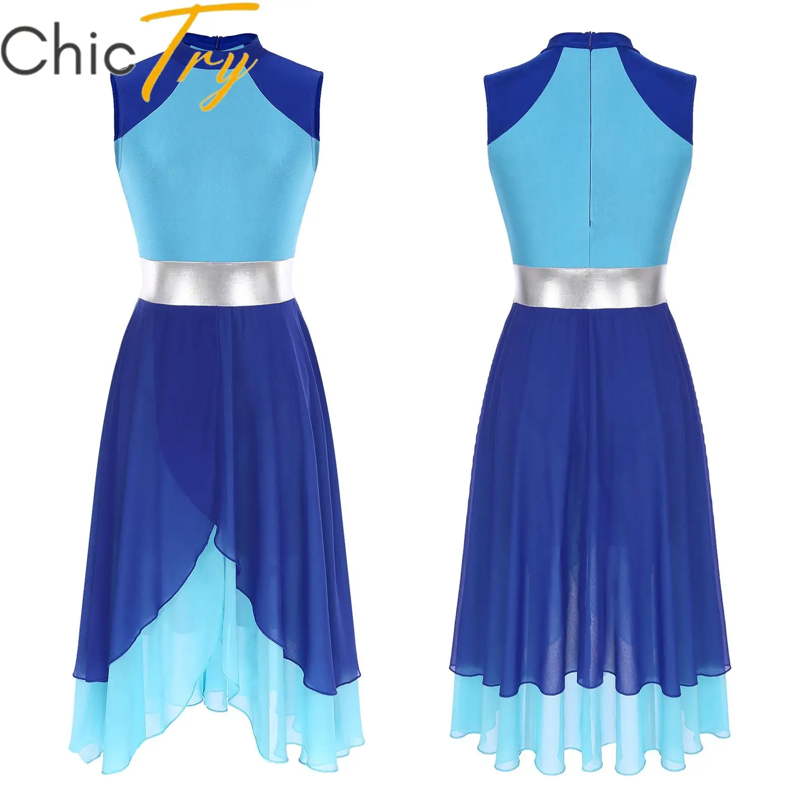 

Womens Ballet Leotard Dress Color Block Sleeveless Mock Neck Dress for Lyrical Contemporary Dance Ballerina Clothing Dancewear