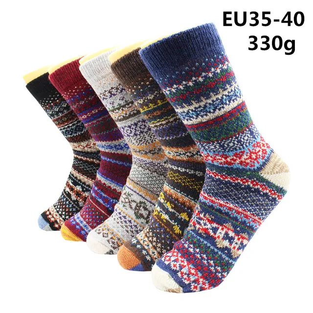 5 Pairs Winter Warmer Women Thicken Thermal Wool Cashmere Snow Socks Fashion Casual Euramerican National Wool Socks for Women 5 Pairs -YM016