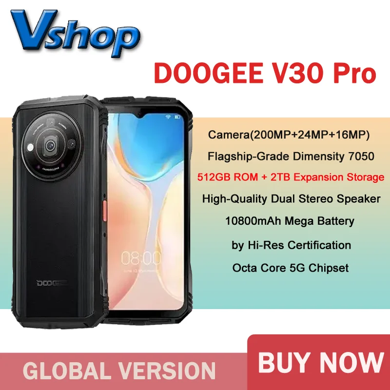 DOOGEE V30 Pro Rugged Phone 12GB+512GB 200MP 10800mAh Battery 6.58 FHD  Display Android 13 Dimensity 7050 5G NFC Smartphone