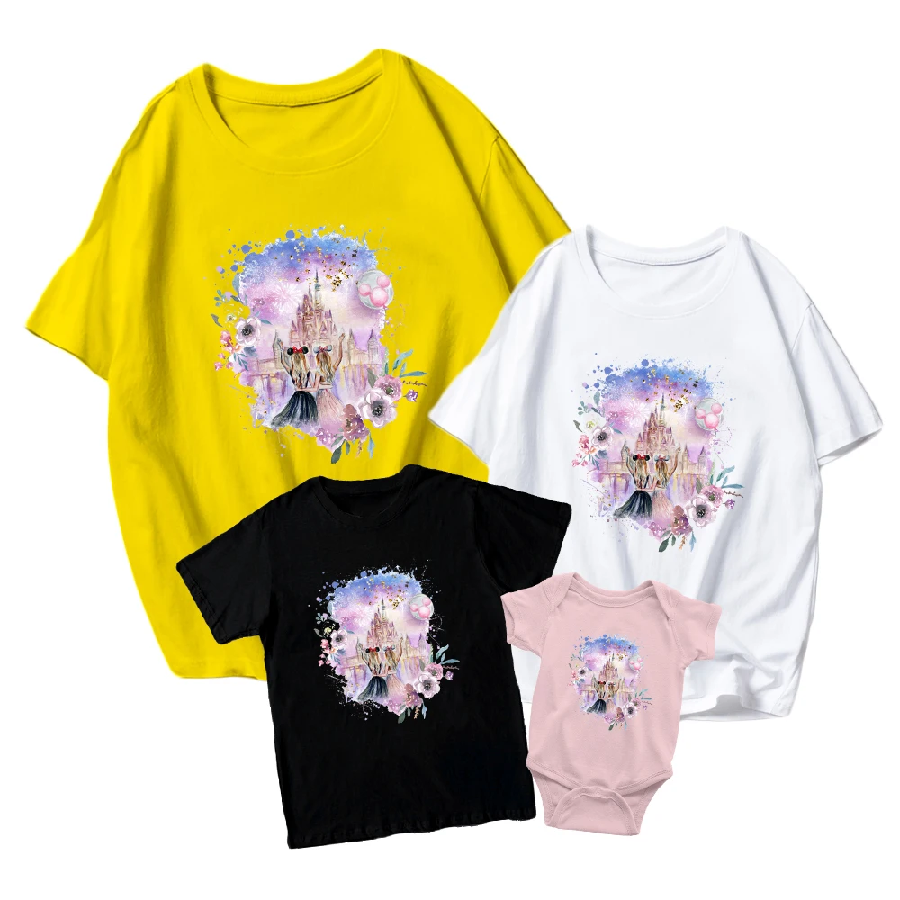 

Family Look Fashion Disney Castle Funny Kids Short Sleeve Baby Romper New Sweet Summer Breathable Unisex Adult T-Shirt