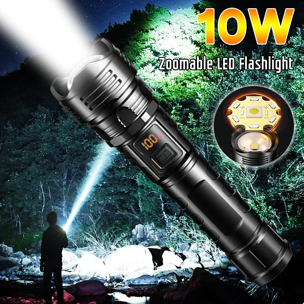 10W Zoomable Flashlight With Power Display Rechargeable LED Flashlight Waterproof Strong Light Tactical Torch For Camping Hiking