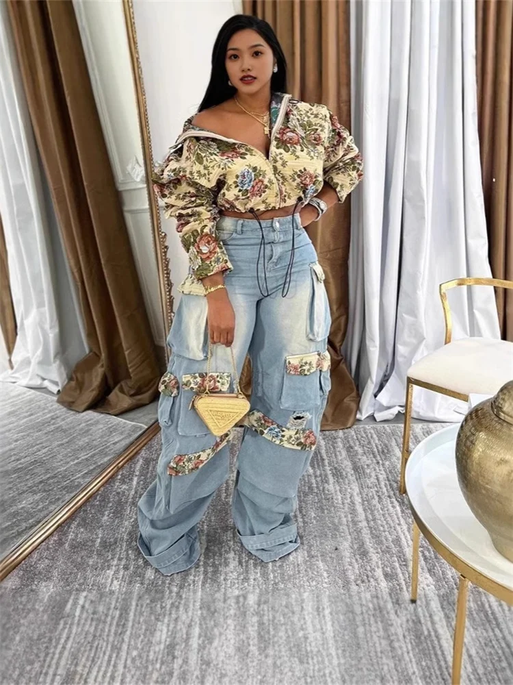 Wmstar Two Piece Set Women Denim Casual Coat Top Cargo Pants Sets Jeans Wide Leg Matching Suit Streetwear Wholesale Dropshipping