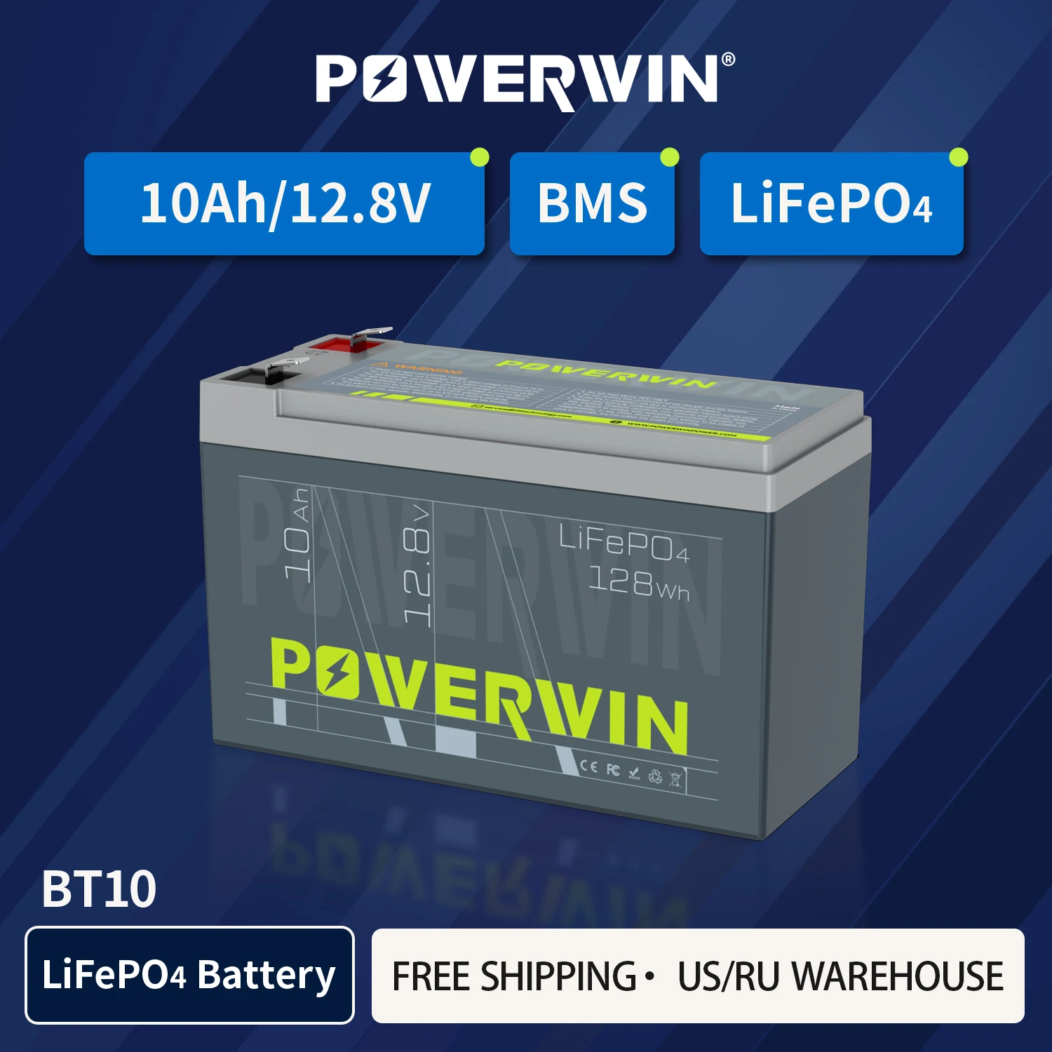 powerwin-batterie-lifepo4-rechargeable-128v-10ah-bt10-128wh-bms-integre-jouet-electrique-ups-hors-reseau-solaire-4000-cycles-profonds