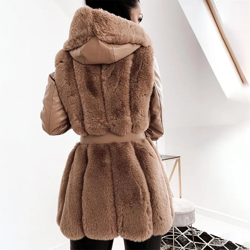 2023 Winter New Women Temperament Hooded Faux Fur Coat Fashion Patchwork Leather Large Size with Belt Solid Color Zipper Jacket