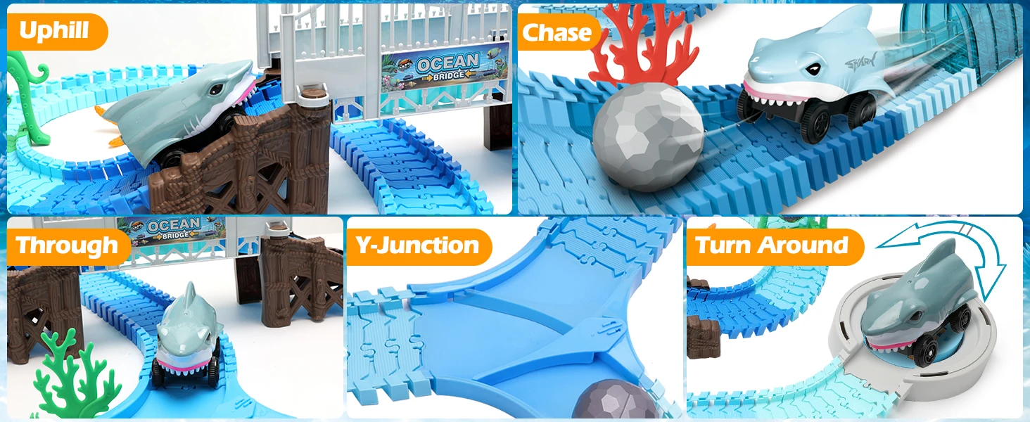 VATOS Track Toys-Shark Rennwagen, flexibel, biegbar, mit Ball, Ozean-Themen-Zug, STEM-Lernspielset, Geburtstagsgeschenk für Kinder – Detail 7