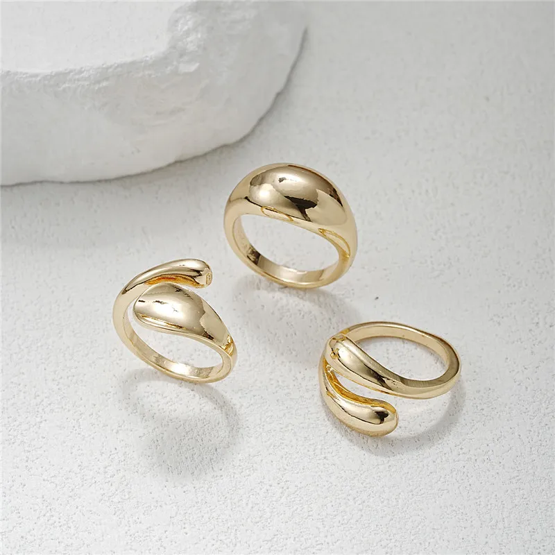 Gold Color Chunky Geometric Open Rings Set