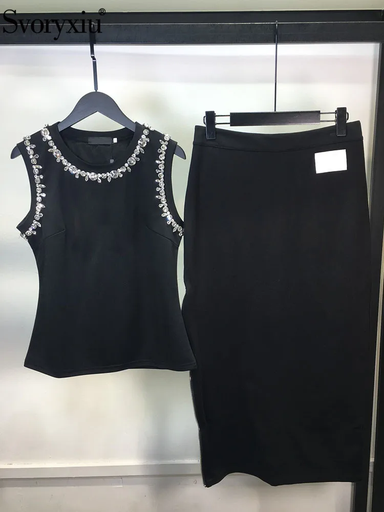 

Svoryxiu Summer Fashion Vintage Black Color Skirt Suit Women's Diamonds Sleeveless Vests Tops+High Waist Package Buttocks Skirt