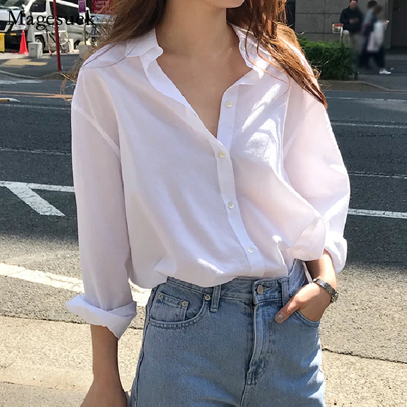 長袖白シャツ女性22新綿ゆるいカジュアルなオフィスブラウス女性トップスボタンシャツ女性服blusas Shirt Aliexpress