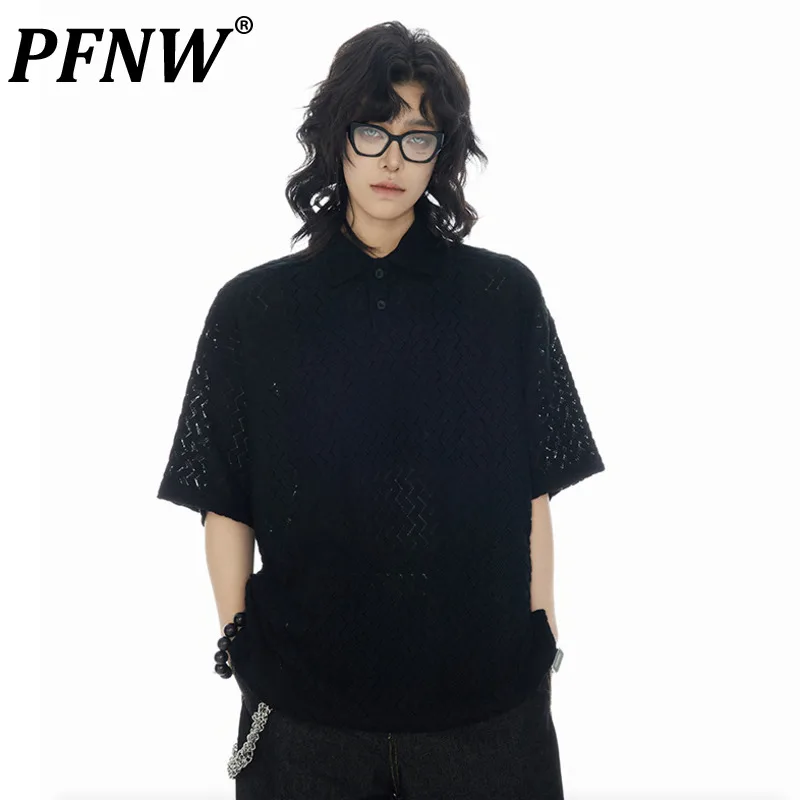 

PFNW Knitted Hollow Out Men's Polo T-shirts Solid Color Grid Niche Design Male Lapel Tee Casual Tops 2024 Summer Trendy 28W3086
