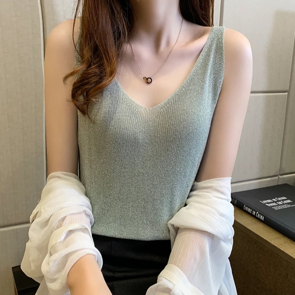 Sequin Elegant Women V Neck Knitted Crop Top