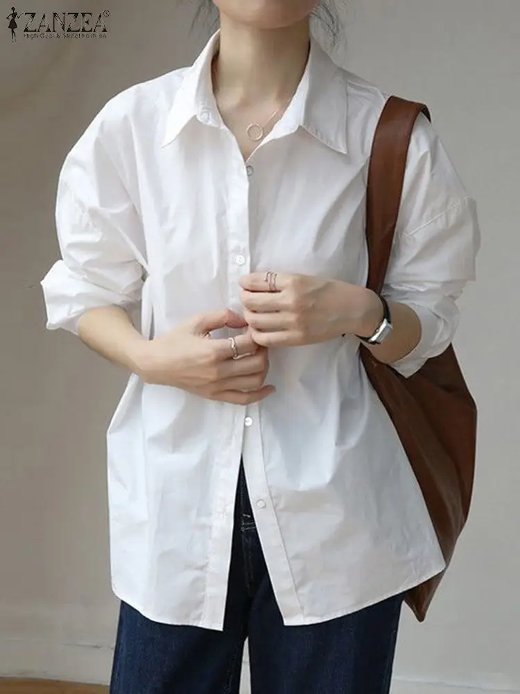 

Повседневная офисная рубашка ZANZEA 2023, женские осенние Топы, блузка с длинным рукавом и лацканами, модная однотонная туника, топы, женская Свободная рубашка, блузы