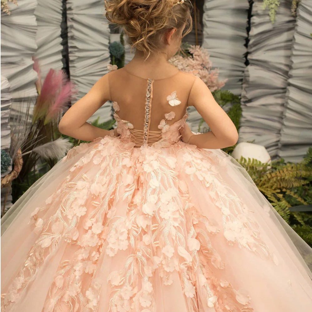 Babyonline Flower Girl Dresses for Wedding Blush Pink Floral Tulle Long Kids Bridesmaid Ball Gowns Princess Even Wed Party