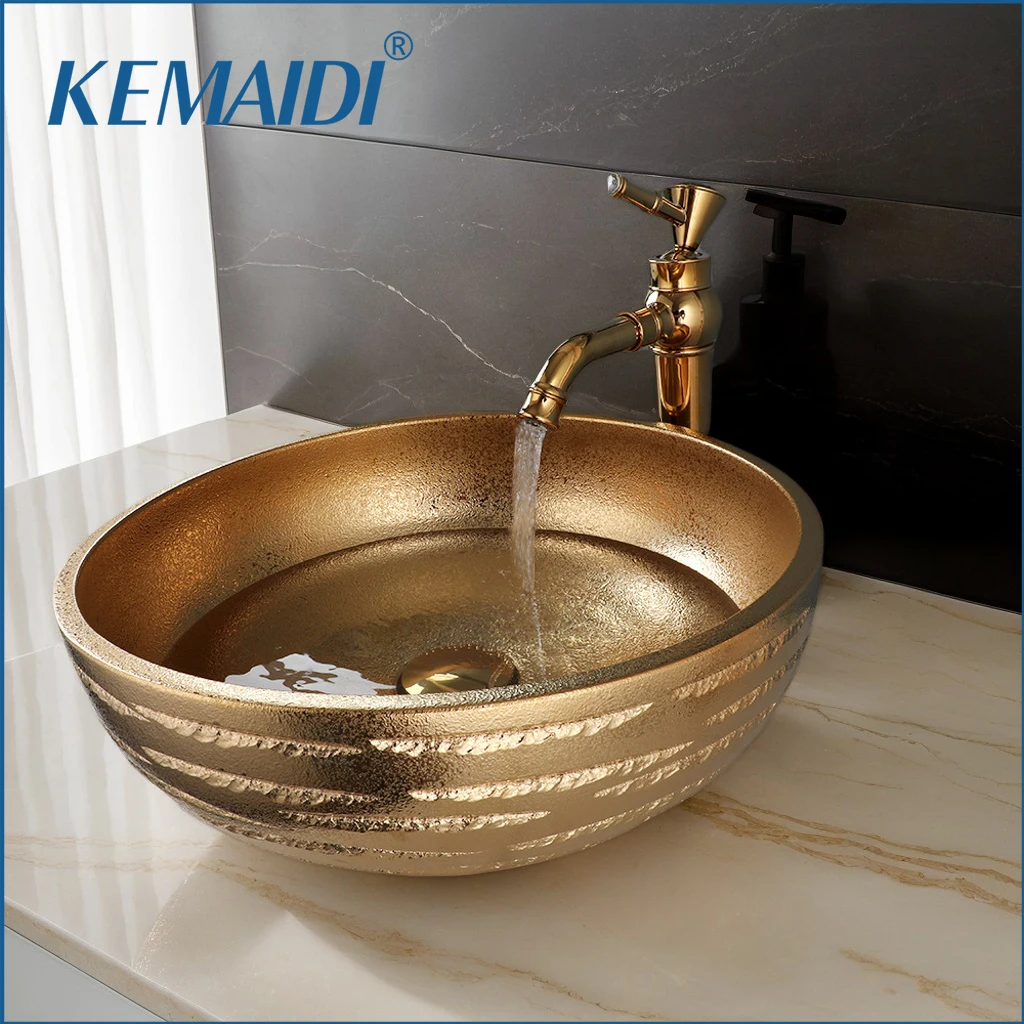 อ่างล้างหน้า KEMAIDI แบบวางบนเคาน์เตอร์ สีทอง เซรามิก พร้อมก๊อกน้ำ ดีไซน์หรูหรา ทันสมัย แกะสลักด้วยมือ 1