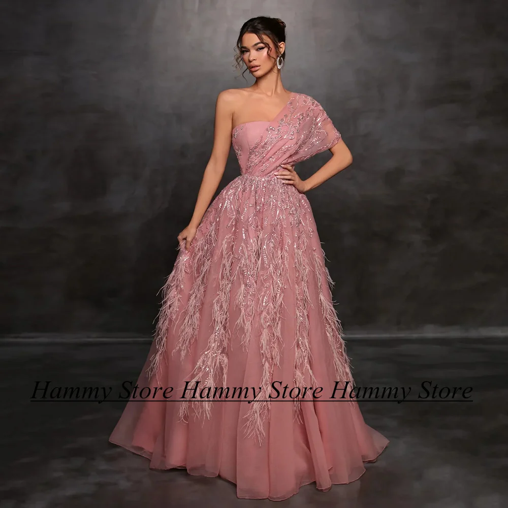 

Dusty Pink Evening Dress Saudi Arab Prom Dresses One Shoulder Sequined Applique Feathers Arabian Formal Gown Robe De Soiree