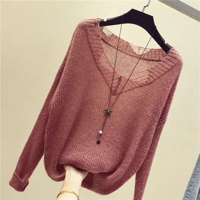 

New Summer Women's V-Neck Hollow Out Cotton Long Sleeve Sweater T-Shirt with Loose Pullover Casual Knit Top High Quality T19