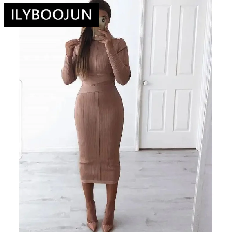 

ILYBOOJUN Vestidos Women Dress Sexy Beige Bodycon Party Dress Designer Long Sleeve Elegant Bandage Dress