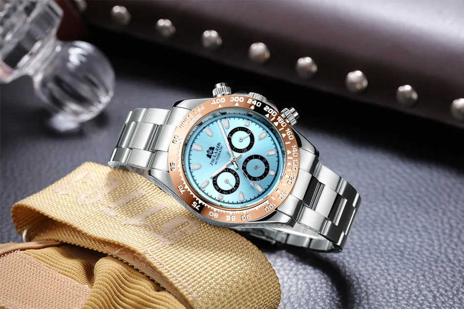 Automatic Watches Self Wind Mechanical Gold Stainless Steel Glacier Ice Blue Dial Chestnut Brown Bezel Luminous Men Watch