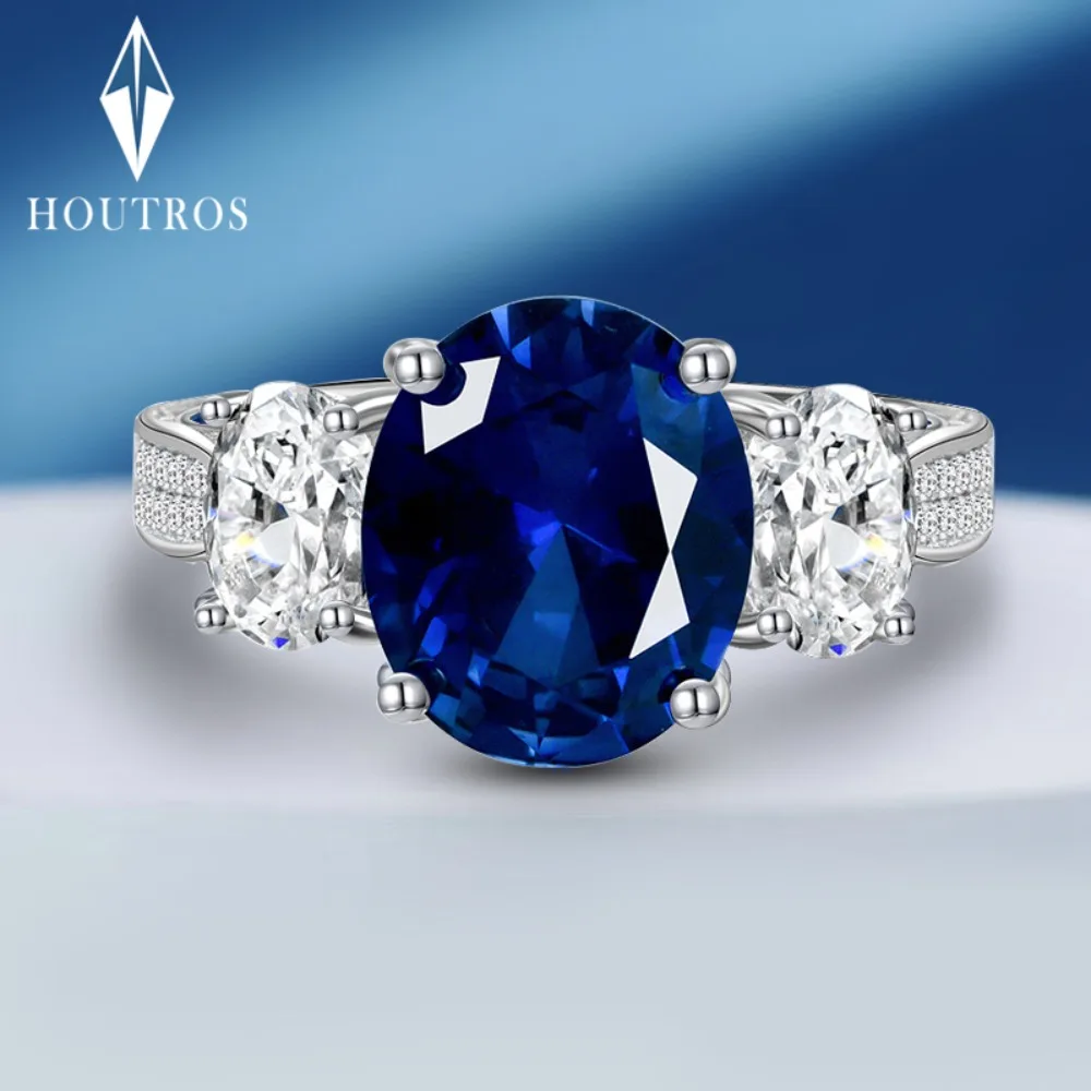 

Houtros 5CT Oval Sapphire Ring For Women 925 Sterling Silver Retro Gemstone Wedding Engagement Band Party Fine Jewelry Gift