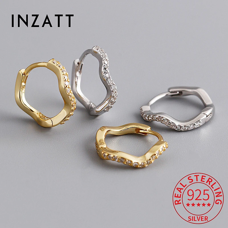 

INZATT Real 925 Sterling Silver Zircon Wave Round 18K Gold Hoop Earrings for Women Classic Fine Jewelry Geometric Accessories