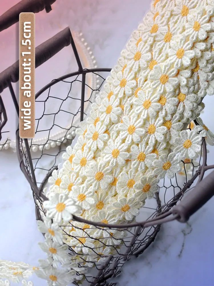 1.5cm Wide Gold Daisy Embroidery Lace Trim for Sewing Bows Wedding Dress Women Collar Fringe Patches Ribbon Accessories Supplies lace ribbon lace sewing accessories lace sewing supplies lace accessories lace garment accessories clothing craft accessories tassel trim lace