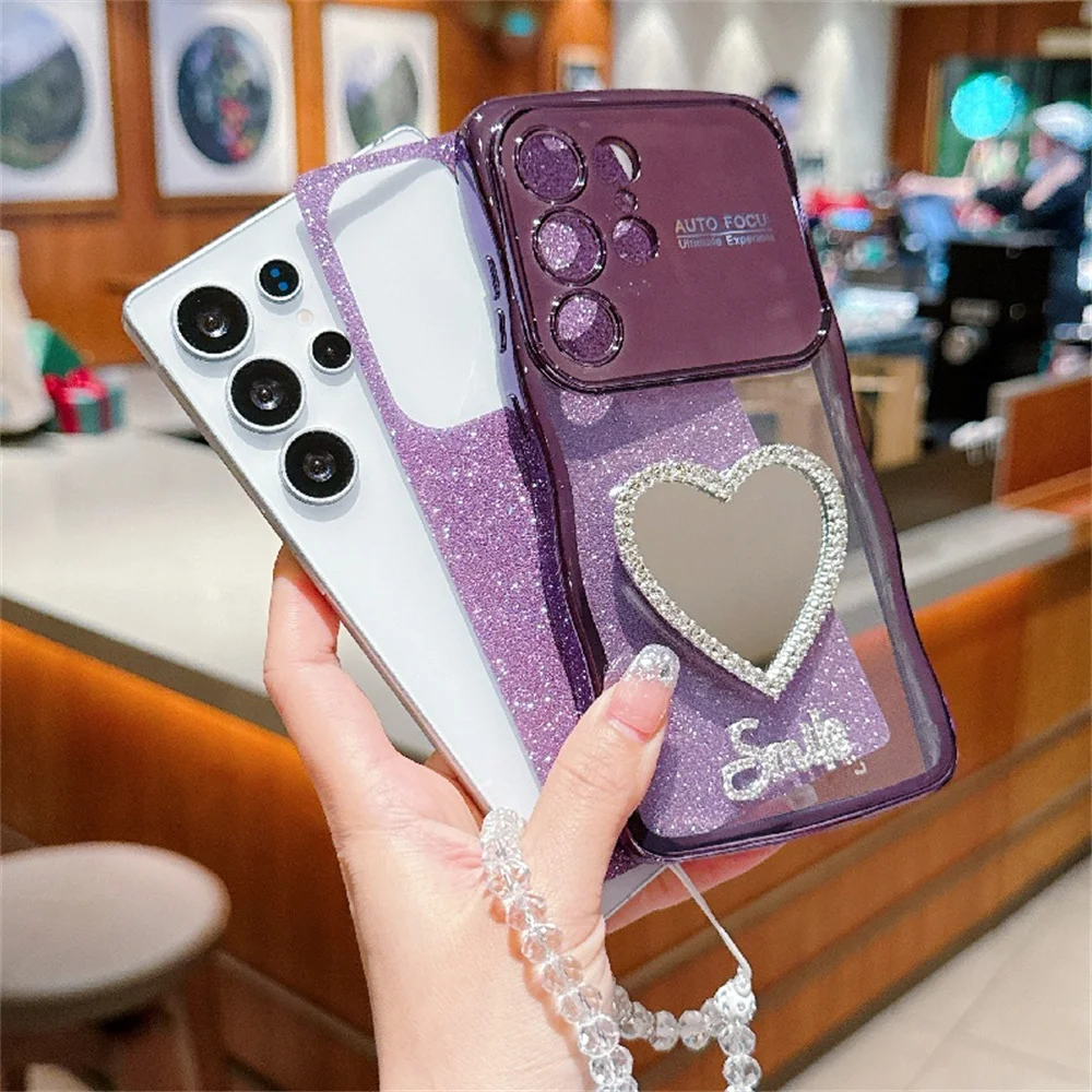 Love Heart Makeup Mirror Shiny Case with Crystal Wrist Chain Cover