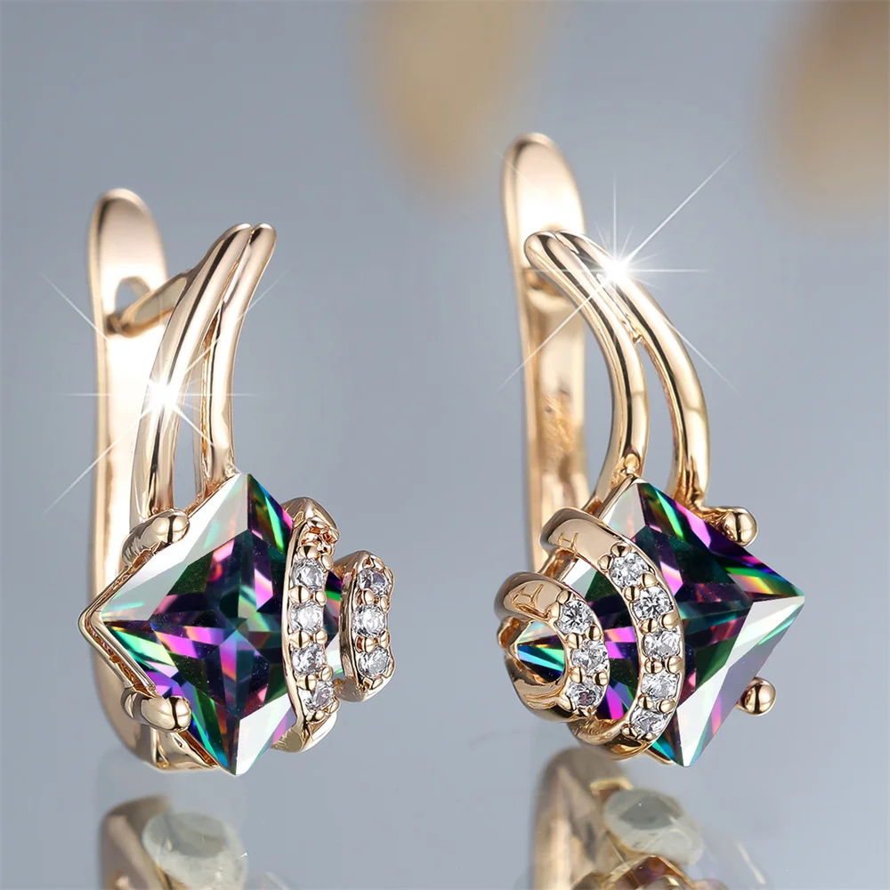 Multicolor Square Crystal Stone Geometric Hoop Earrings For Women Vintage Gold Color Ear Buckle Wedding Jewelry Engagement Gifts