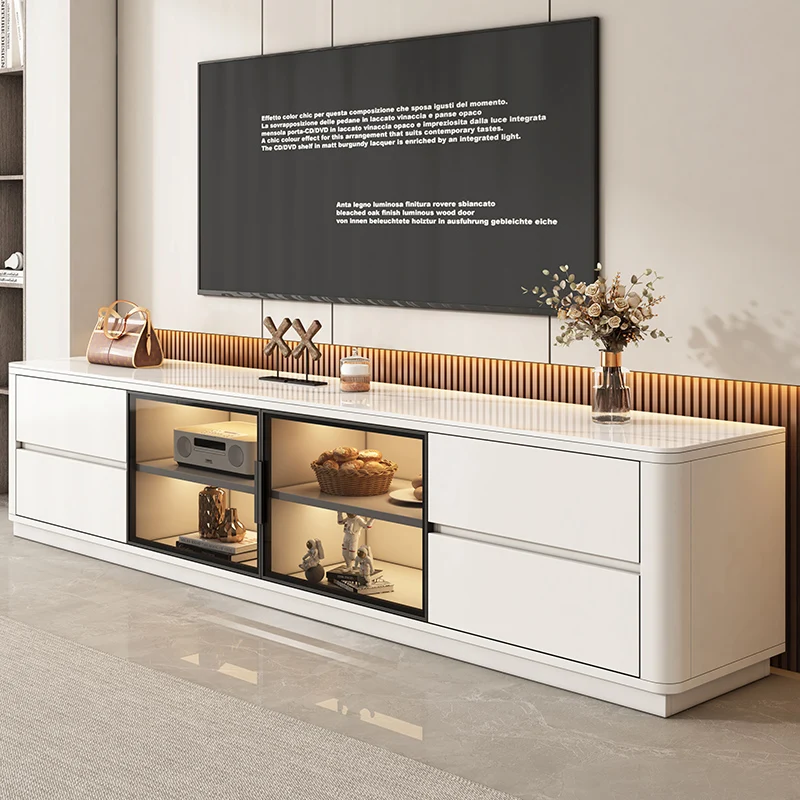 Slate TV Stand Glass Door Home Living Room Luxury Modern Minimalist Solid Wood Floor Standing 2025 New Model Coffee Table Set