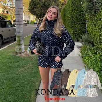 KONDALA Casual Polka Dot Women Suits Oversized Bomber Jackets Mini Shorts Fashion 2026 Spring Summer Y2K Girl Holiday Beach Set 1