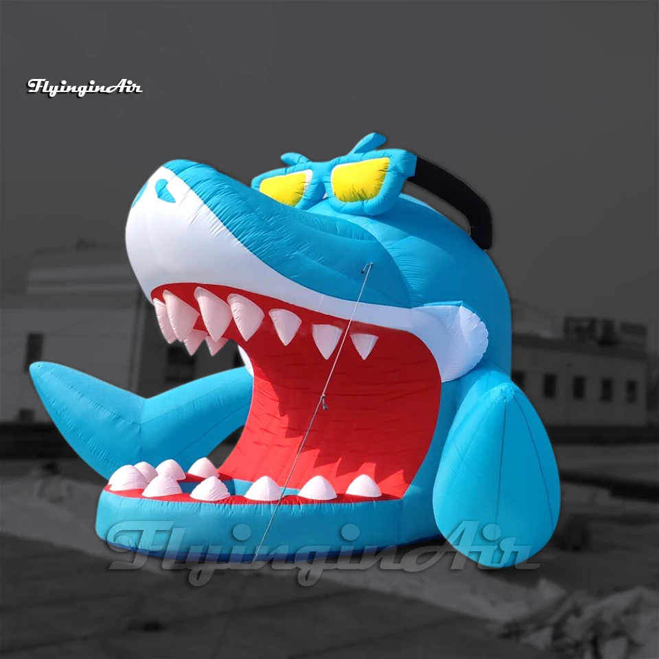 

Large Inflatable Shark DJ Booth Portable Party Tent 5m Air Blow Up Cartoon Shark Open Mouth With Sunglasses For Outdoor Event