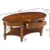 Traditional Wood Oval Coffee Table with Drawer, Beewax Living Room Cocktail Tea Table with Storage Shelf Center Table with Carv 2