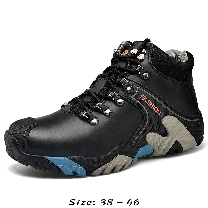 High quality leather boots for men new 2023 autumn winter size 45 46 hiking outdoor mountain walking  plush warm shoe black blue