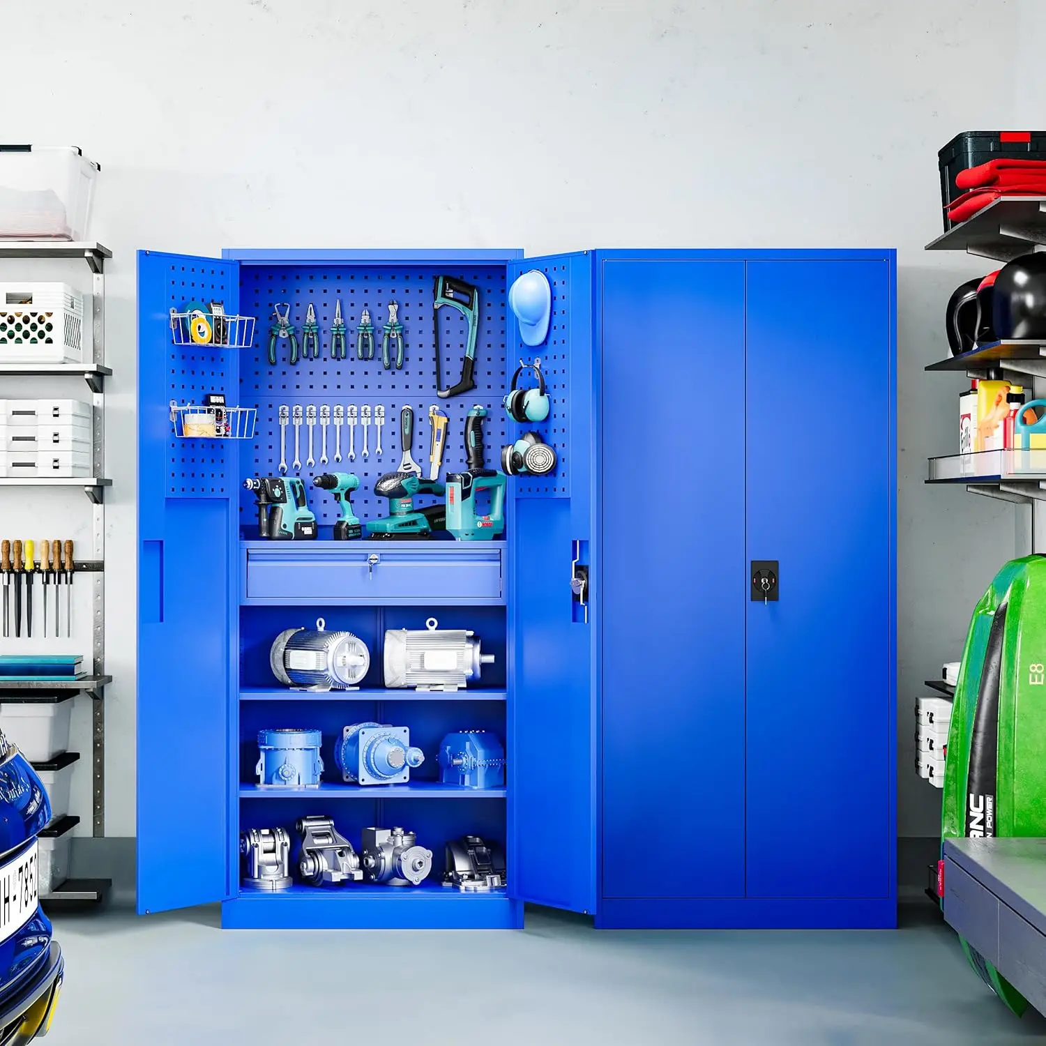 Metal Garage Tool Storage Cabinets with Pegboard 71" Heavy Duty Steel Cabinet with Drawer and Adjustable Shelves Lockable 4