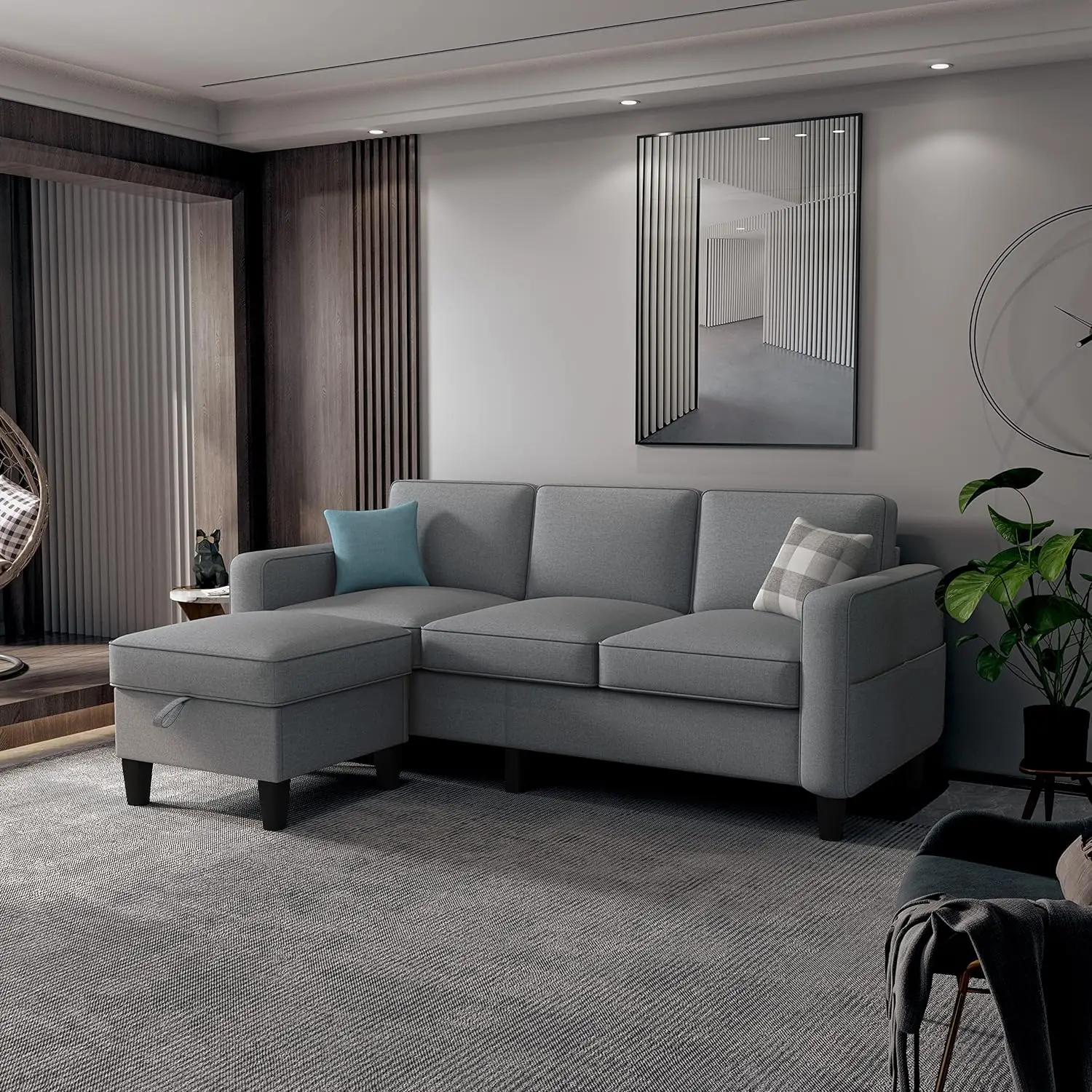 

Секционный диван-трансформер, бежевые кушетки для гостиной, секционный диван с двусторонним оттоманком для хранения, L-образный диван