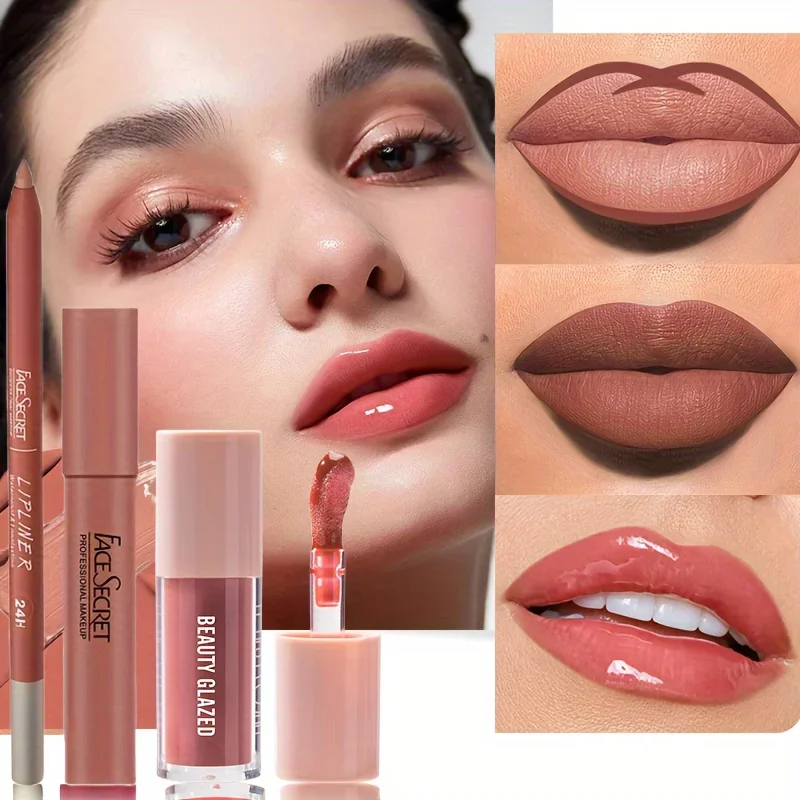 3pcs/Set Nude Matte Velvet Lip Makeup Lip Liner + Lipstick + Lip Oil Long-lasting Waterproof Matte Lipstick Matte Lip Kit 3