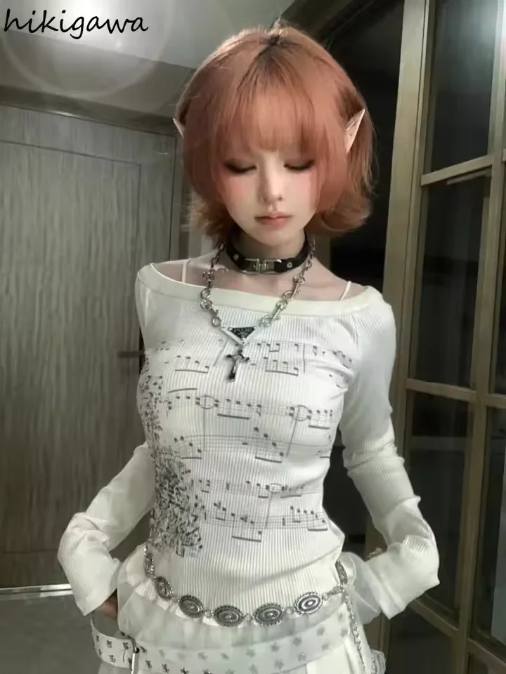 Women´s Slim Fit Off-Shoulder Top - Long Sleeve Ruffle Trim with Note Print - Image 2