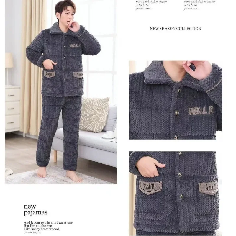 2024 New Pajama Men Winter Three-layer Padded Coral Velvet Loungewear Padded Cotton Plus Velvet Flannel Homewear Suit Autumn