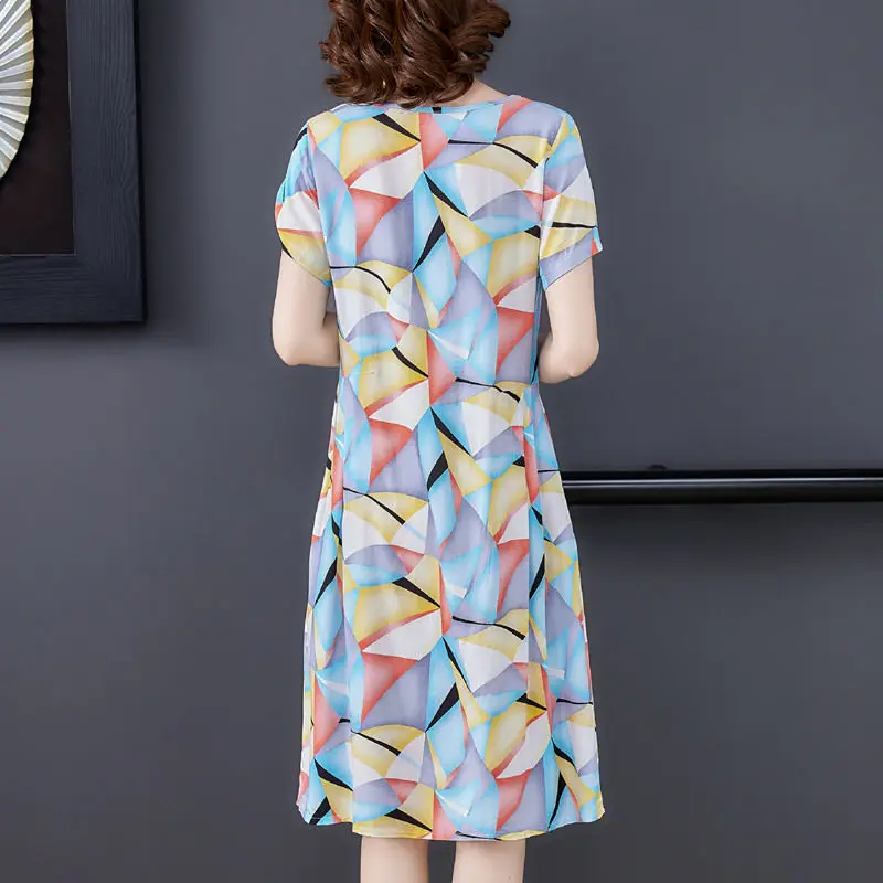 Elegant O-Neck Printing Folds Color Geometric Midi Dress Women's Clothing 2024 Summer New Loose Commuter Short Sleeve Dress
