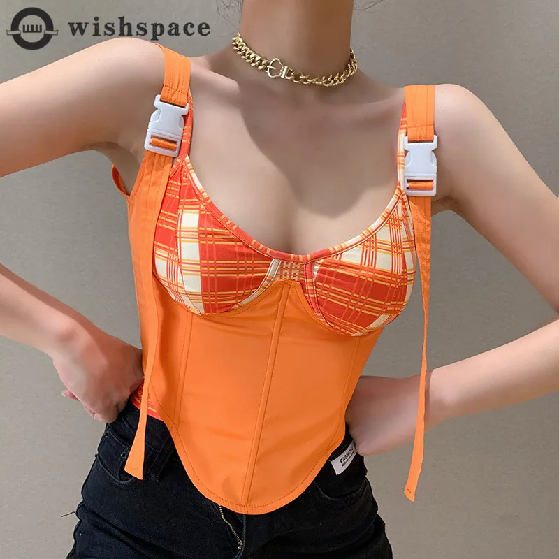 

Deep V-neck Waist Strap Vest Women's 2022 Spring New Short Plaid Personalized Strap Sexy Women's Top Blouse