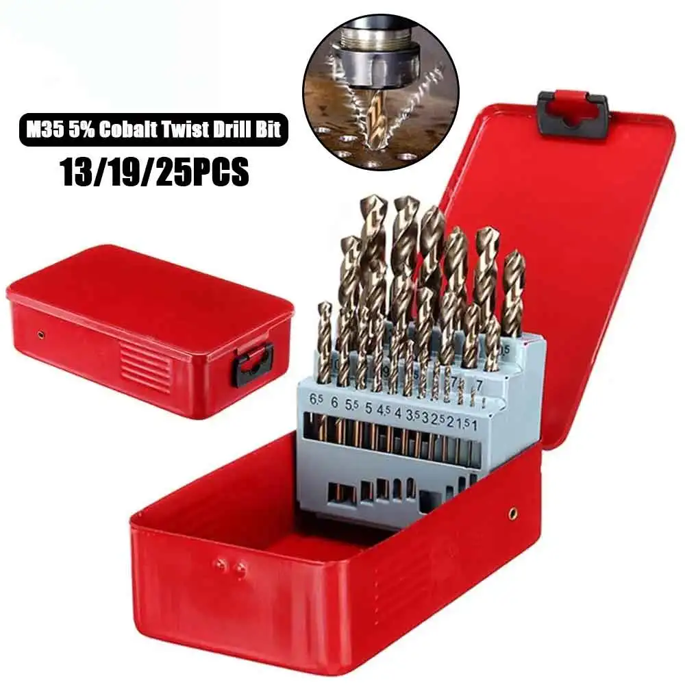 Brocas de torção M35 HSCO 5% cobalto, Metric Straight Shank Bit Set com caixa de ferro, perfuração de metal e aço inoxidável, 13 19 25Pcs