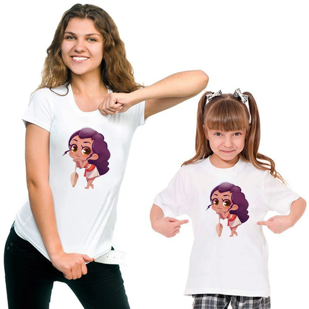 Mom And Daughter Matching Outfits Frozen Princess Elsa Print Mother Kids Clothes Summer White Comfy Short Sleeve Mom Daughter Matching T Shirt Fashion Family Look couple outfits