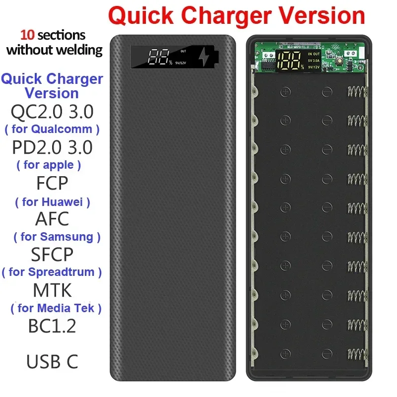 PD QC3.0 퀵차지 무용접 10*18650 배터리 보관함 DIY 쉘 케이스 18650 배터리 홀더 박스 듀얼 USB 보조배터리 케이스