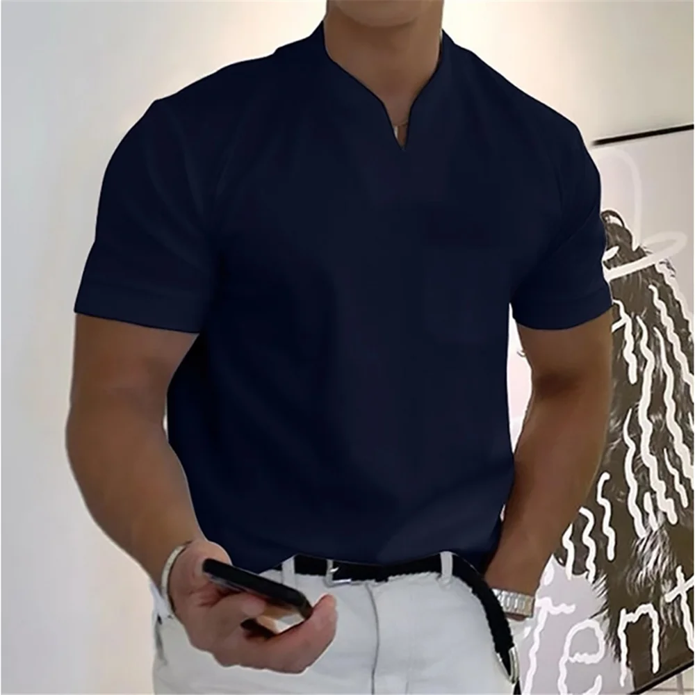 T Shirts Men Polo Short Sleeve V-Neck Solid Color Golf Workout Fitness