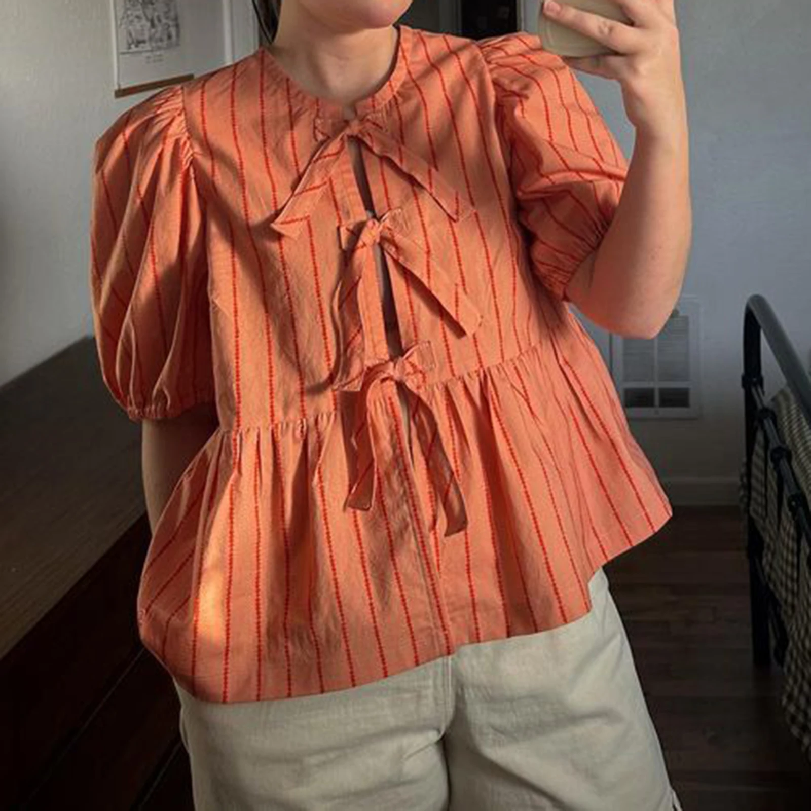 

hirigin Women Summer y2k Puff Short Sleeve Elegant Shirts Tie Front Striped Print Hollow Out Office Blouse Tops Lace up Tops