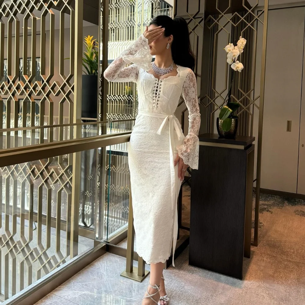 Jiayigong  Lace Sash Ruffle Engagement A-line Square Neck Bespoke Occasion Gown Midi Dresses Saudi Arabia