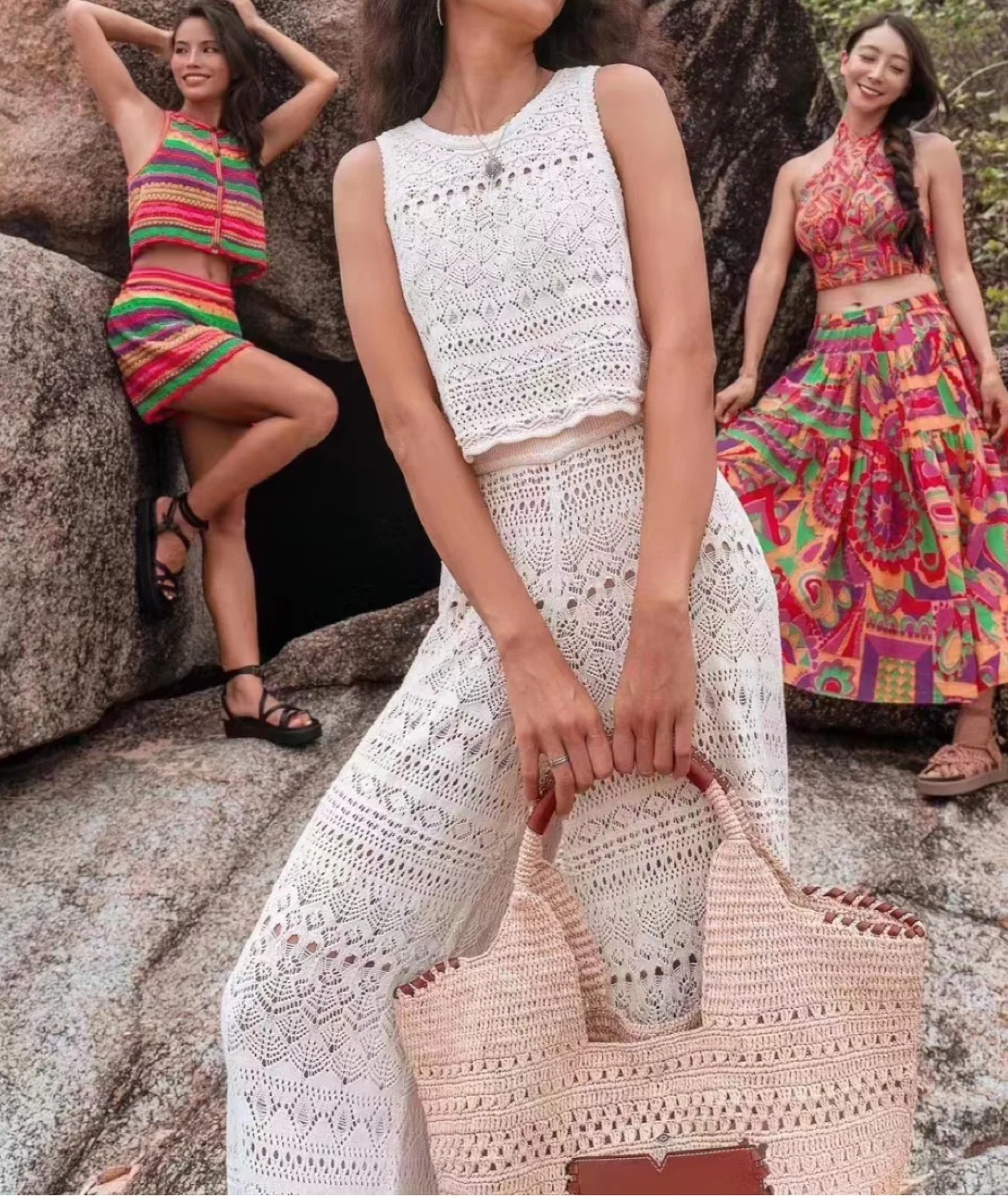 

Women's Hook Crochet Sleeveless Vest Top+ Knitted Long Skirt Set