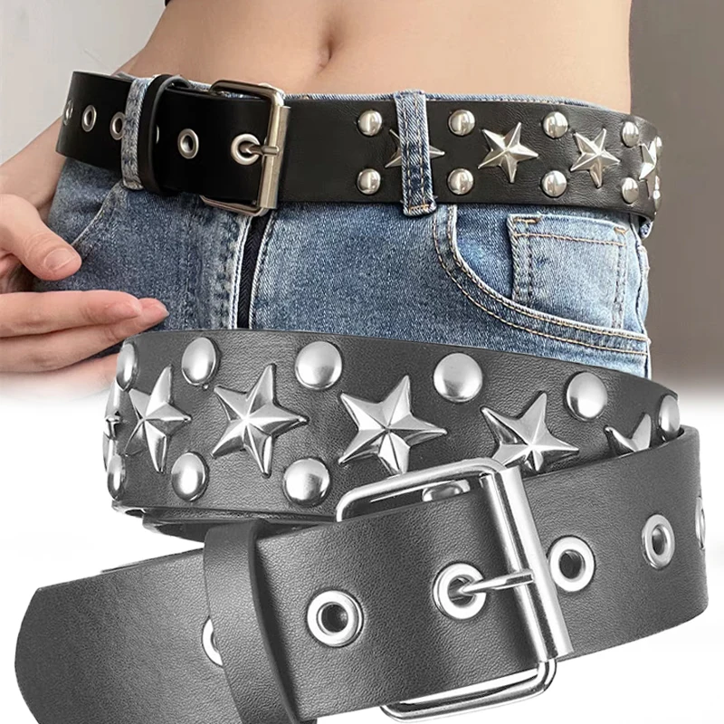 

Metal Pentagram Riveted Belt Women Y2K PU Leather Waistband Casual Goth Buckle Strap Punk Hip Hop Jean Designer Belts