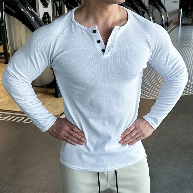 Long Sleeved Henley Neck Men's Fitness T Shirt - Image 2
