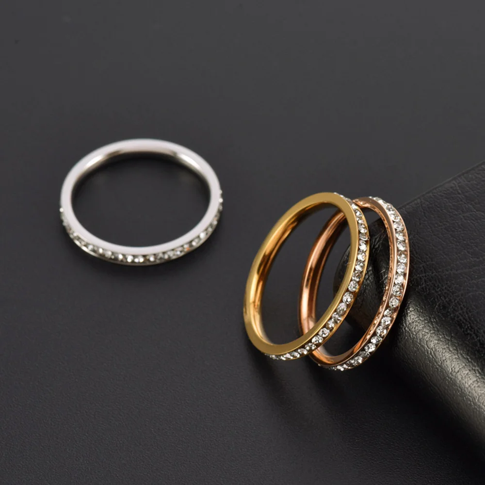 Iced Out Cubic Zirconia Ring Female Gold Silver Color Stainless Steel Wedding Rings For Women Fashion Jewelry Gift 2mm wedding rings